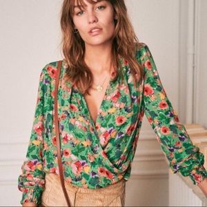 Sezane Abelia Faux Wrap Long Sleeve Floral Blouse